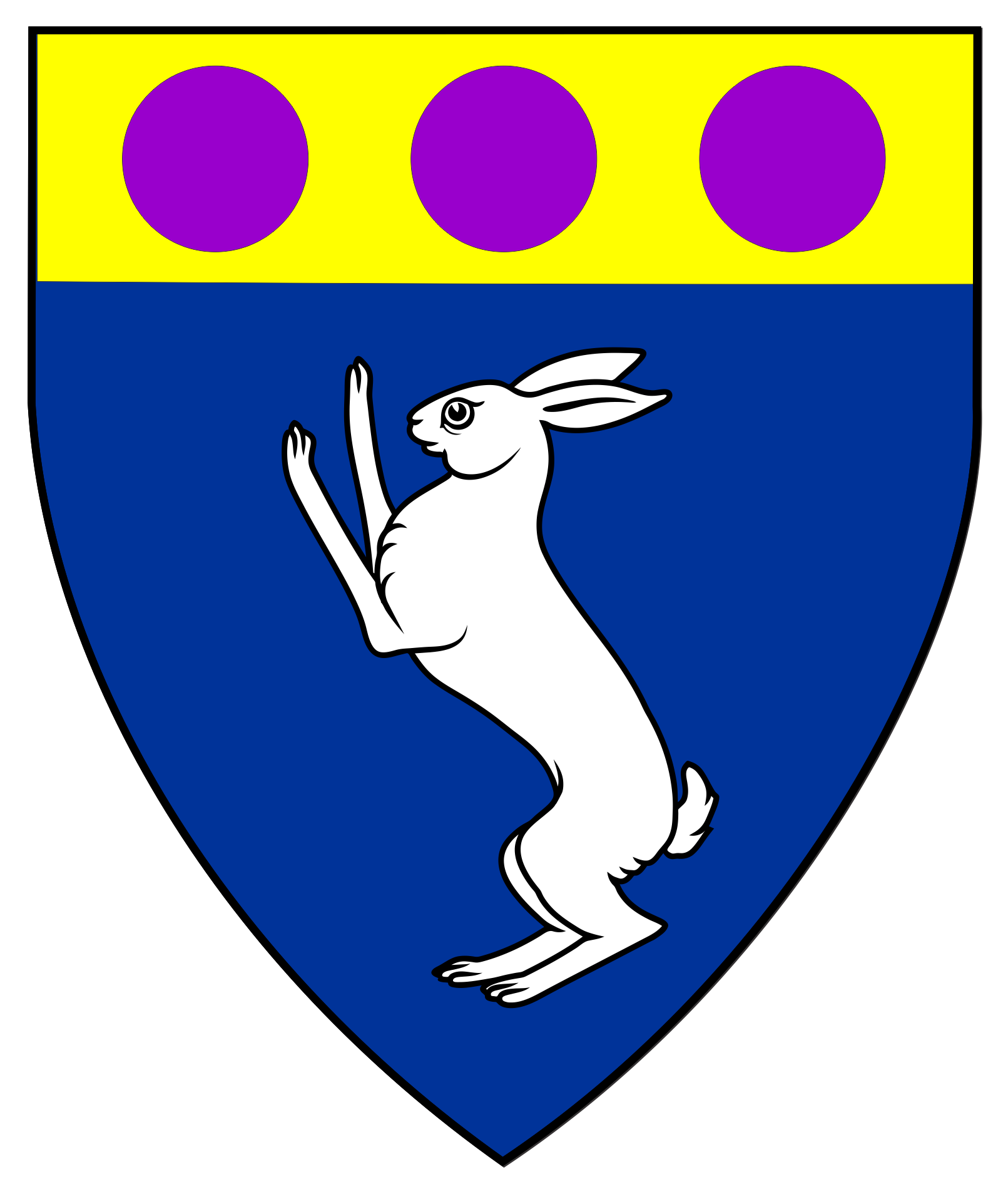 Azure, a coney salient argent and on a chief Or three golpes.