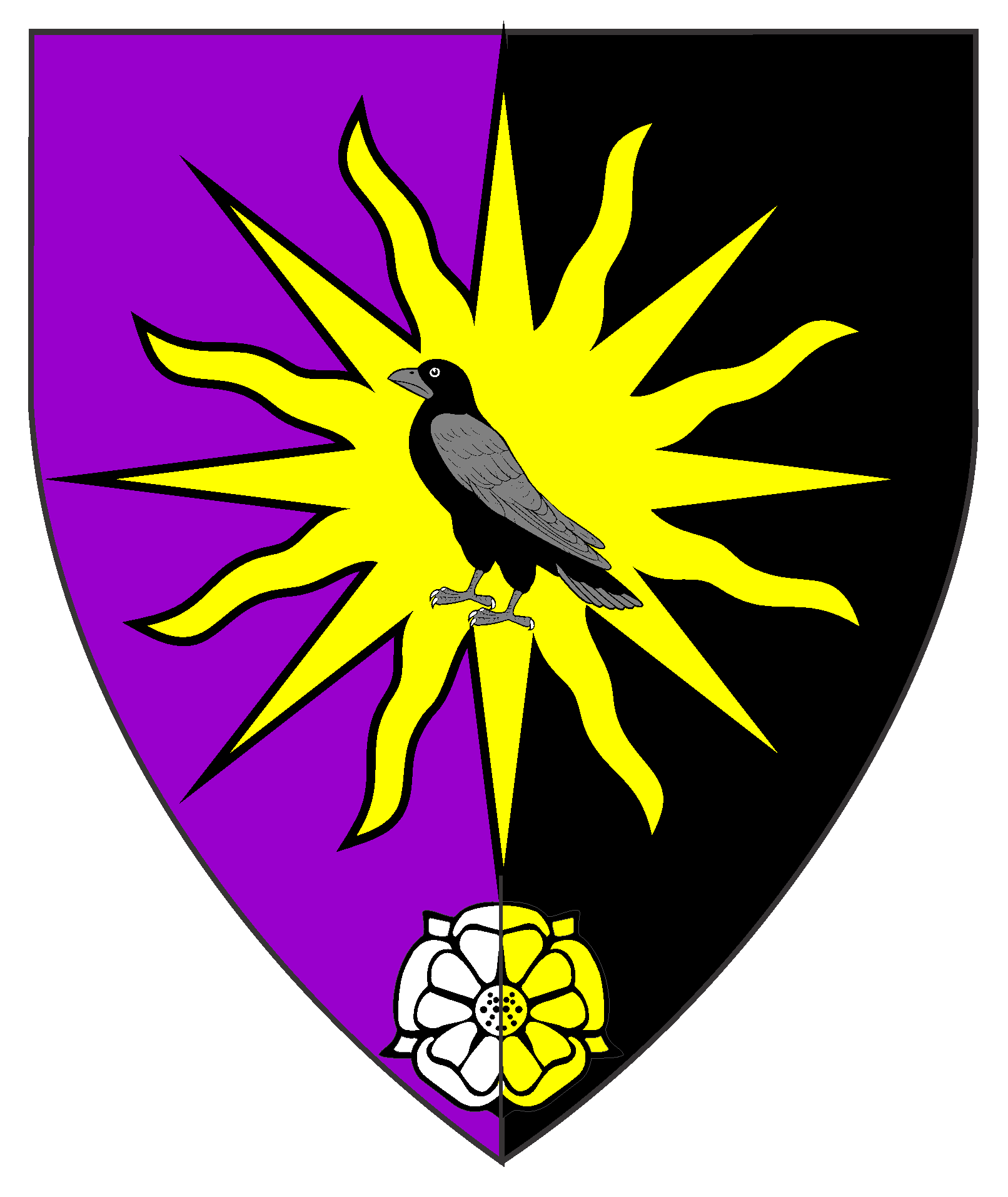 Per pale purpure and sable, on a sun Or a raven sable, in base a rose per pale argent and Or.