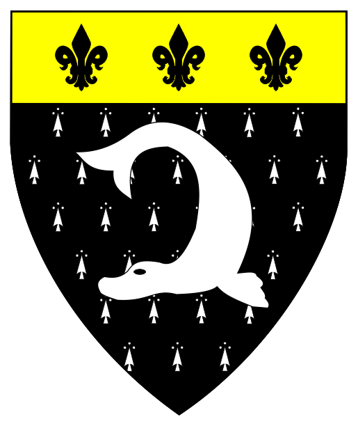Counter-ermine, a seal naiant, its tail reflexed above its head argent, 
on a chief Or three fleur de lys sable.