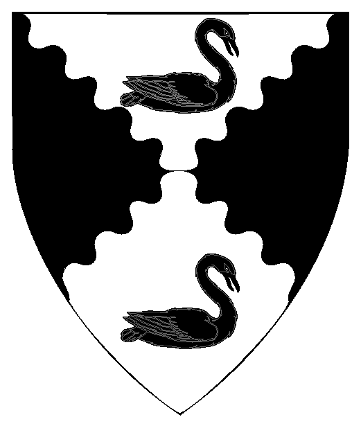 Per saltire wavy argent and sable, two swans naiant contourny sable.