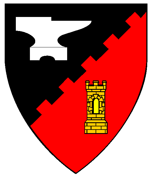 Per bend sinister embattled sable and gules, an anvil reversed argent and a tower Or.