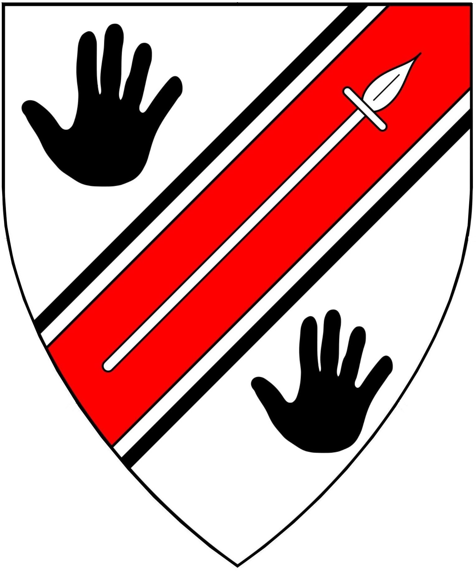 Argent, on a bend sinister gules cotised between two sinister hands sable a spear argent.