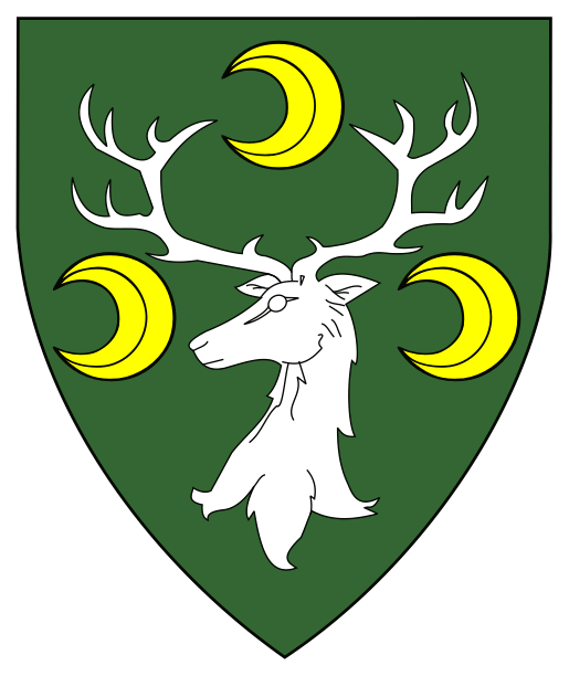 Vert, a stag's head erased argent between three increscents one and two Or.