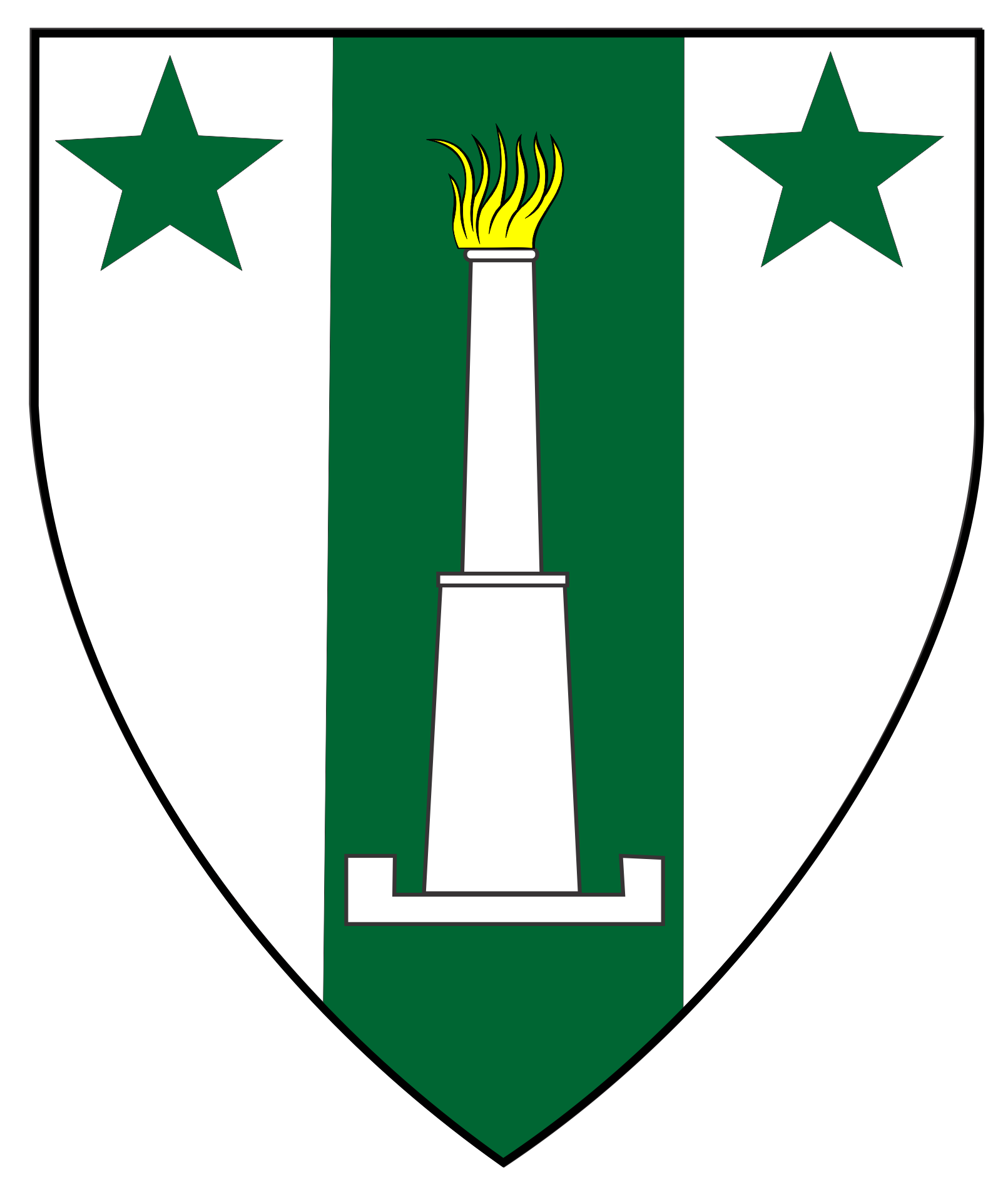 Argent, on a pale between in chief two mullets vert, a lighthouse argent.