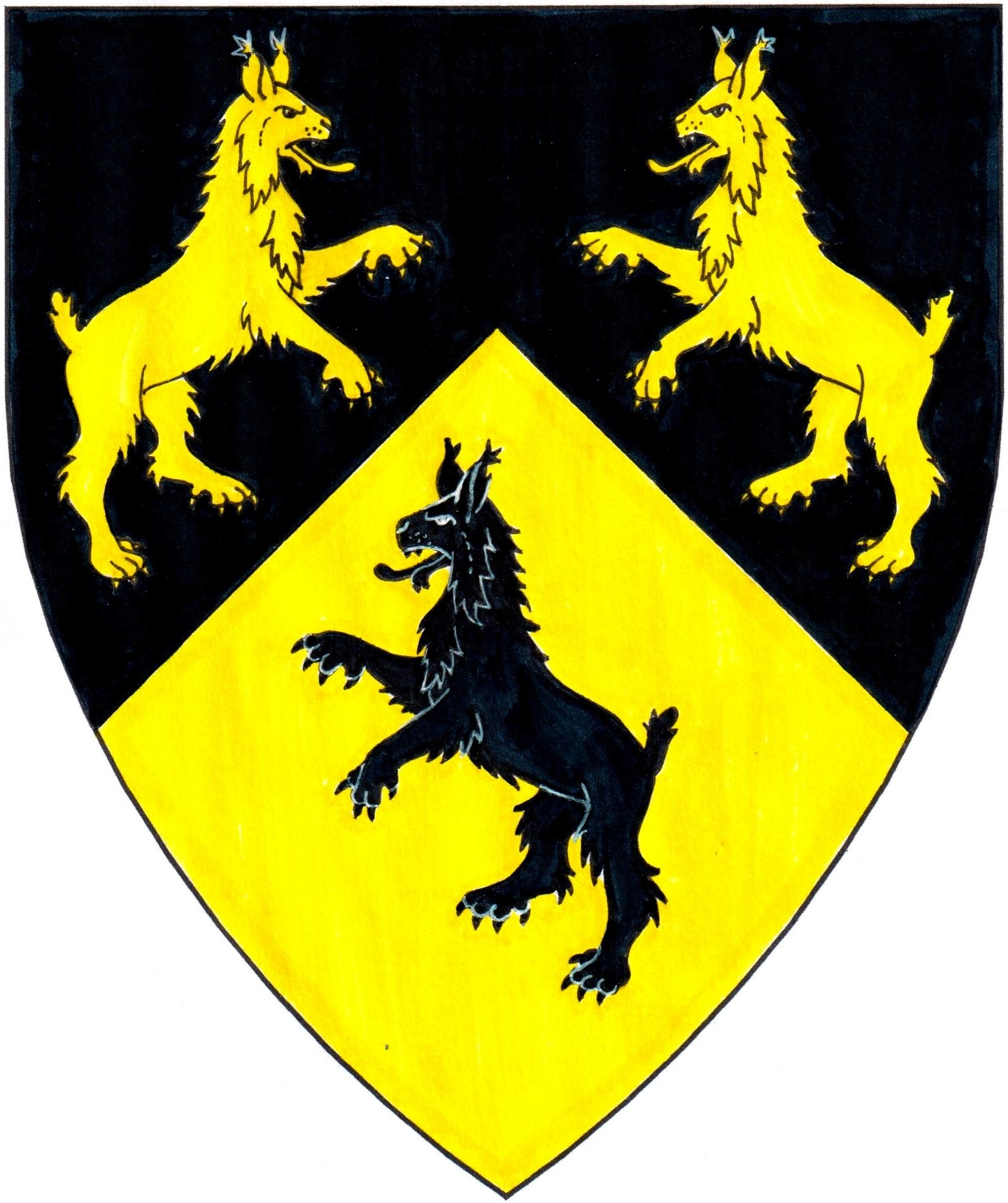 Per chevron sable and Or, three lynxes rampant those in chief combatant counterchanged.