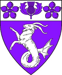 Purpure, a sea-goat and on a chief argent a thistle between two cinquefoils purpure.