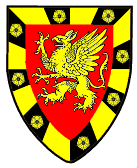 Gules, a griffin segreant Or, a bordure compony Or and sable semy of roses Or.