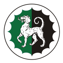Badge: Per pale vert and sable, a talbot passant and a bordure invected argent